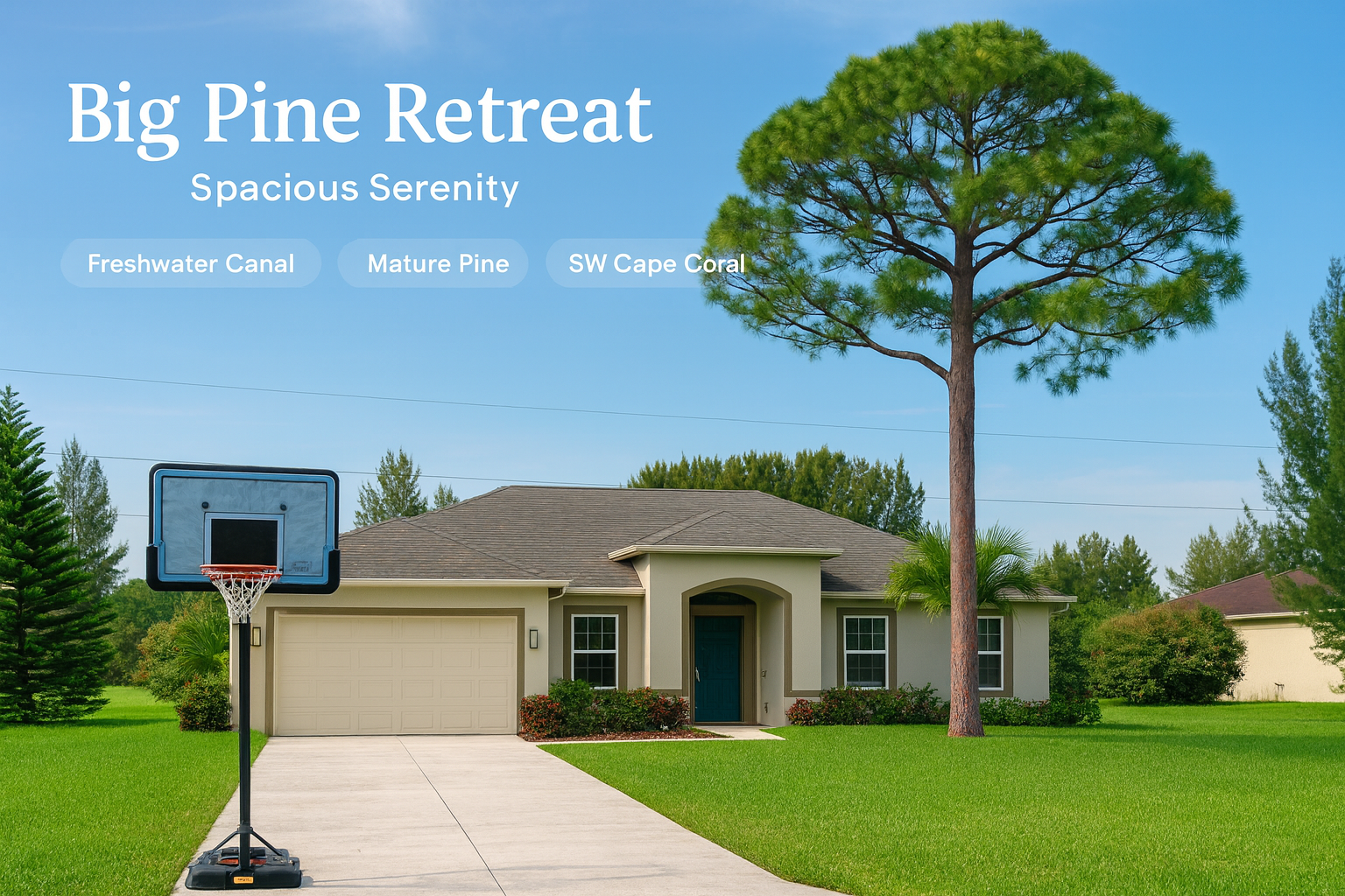 Front exterior of Big Pine Retreat with mature pine and green lawn
